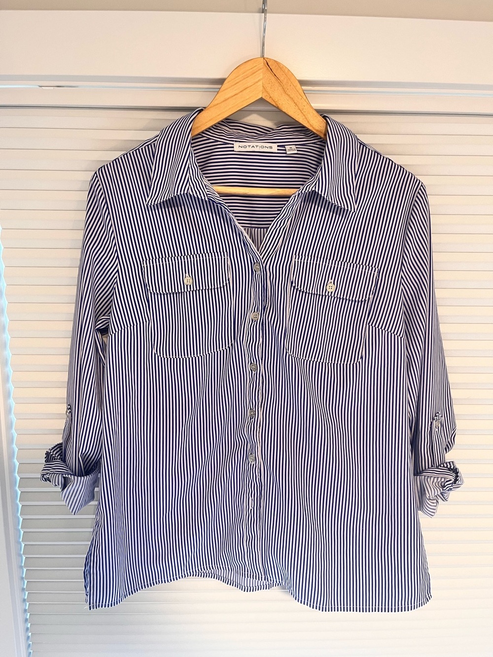 Notations Blue and White Vertical Stripe Shirt
